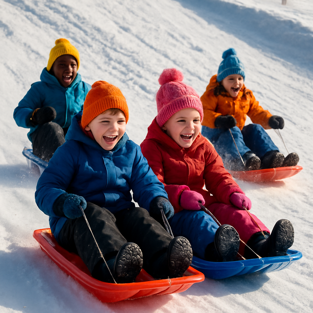 Children sled racing down a snowy hill