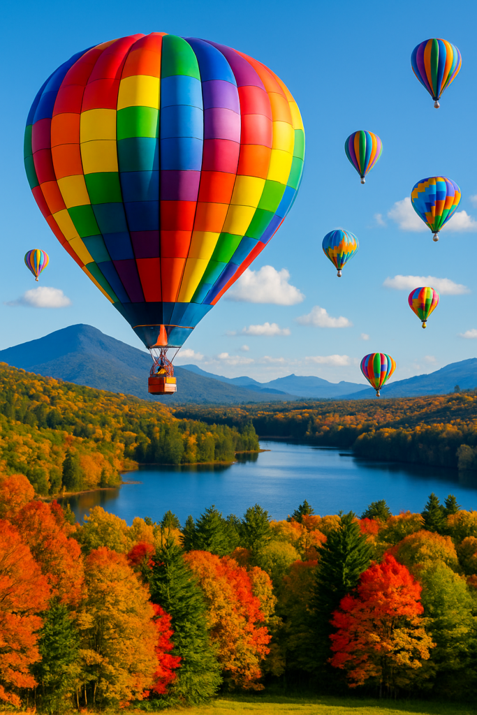 Beautiful hot air balloons hovering over trees in the fall