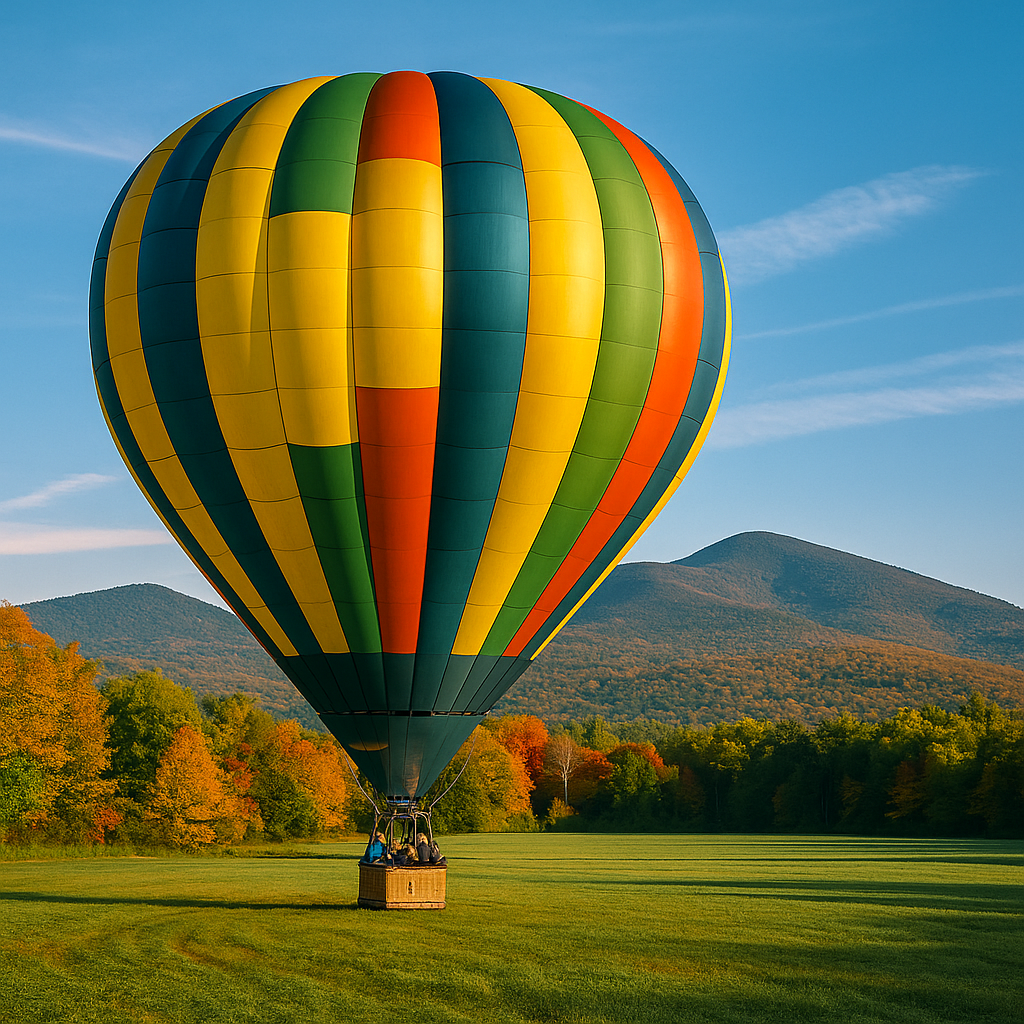 A hot air balloon on a landscape with trees and mountains behind it