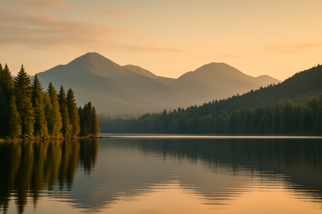 A view of a lake surrounded by the  Adirondack Mountains for an Adirondack getaways excursion.