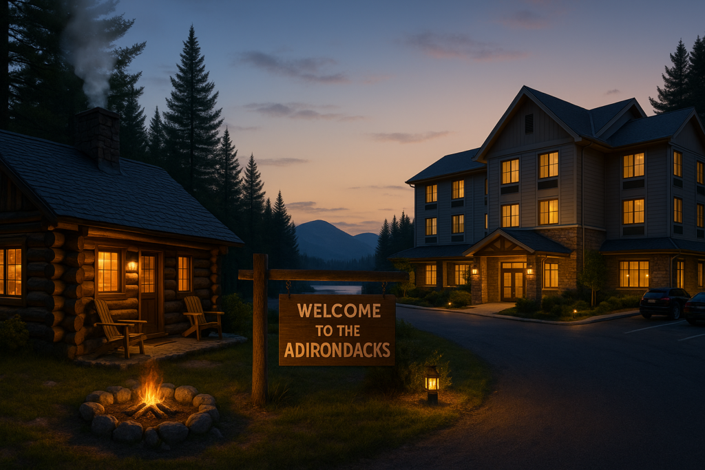 "Welcome To The Adirondacks" sign at sundown in front of lodging.