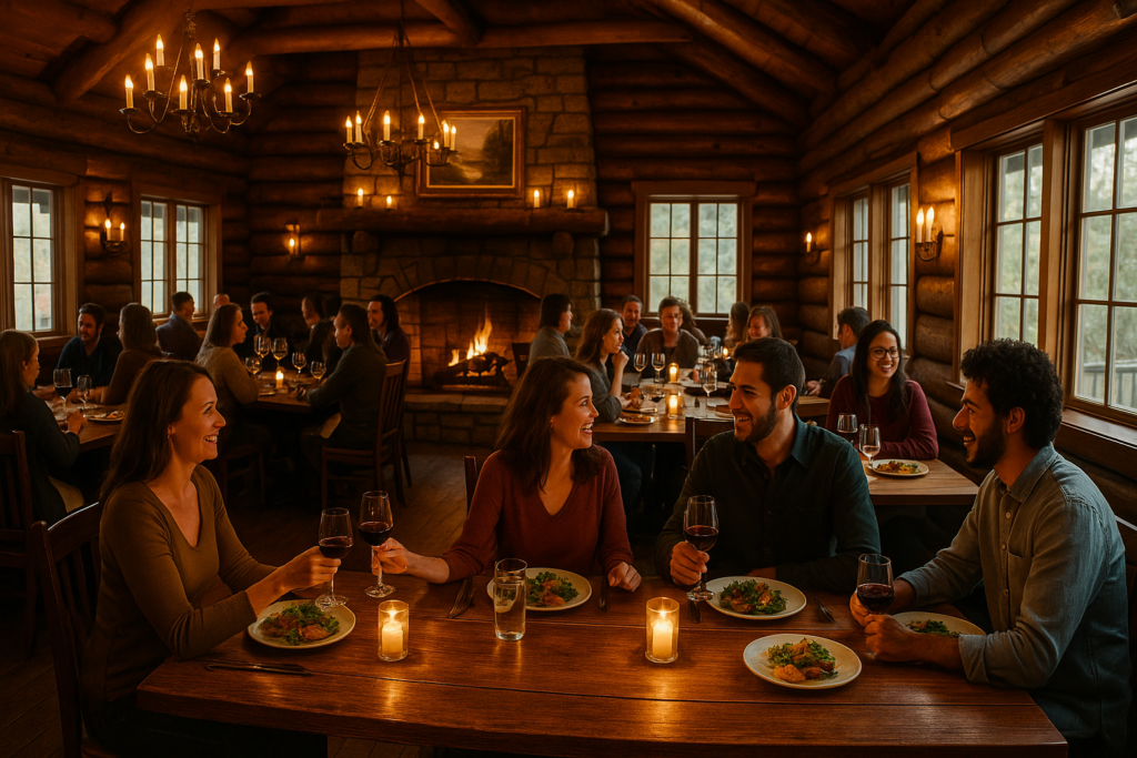 Restaurant with fireplace, people enjoying themselves,  and Adirondack vibe.