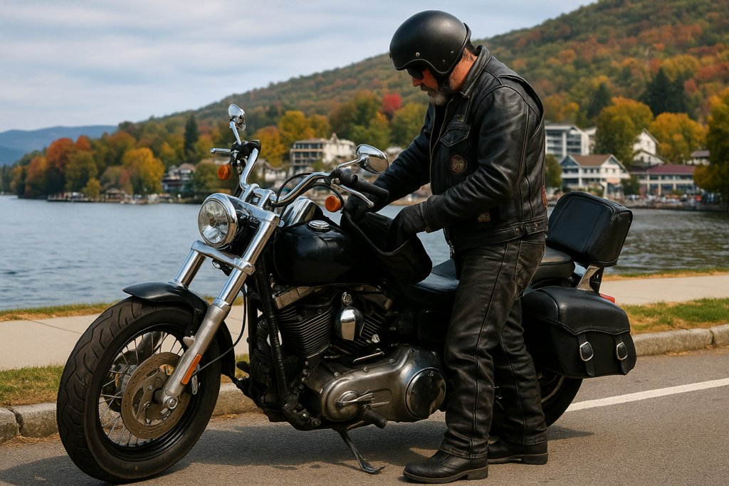 Mortorcyclist standing next to his bike in the Adirondacks.