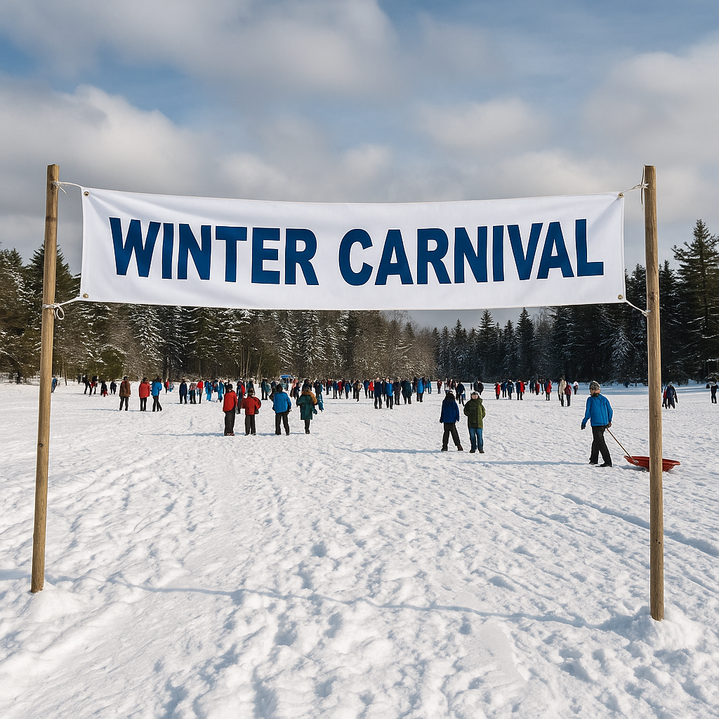 Winter carnival banner in the snow with people in the background
