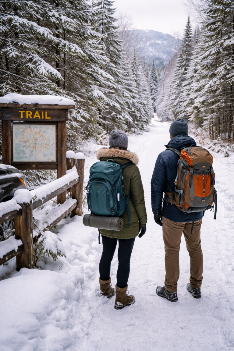 an image of a couple staring down a trail in the Adirondacks in winter.