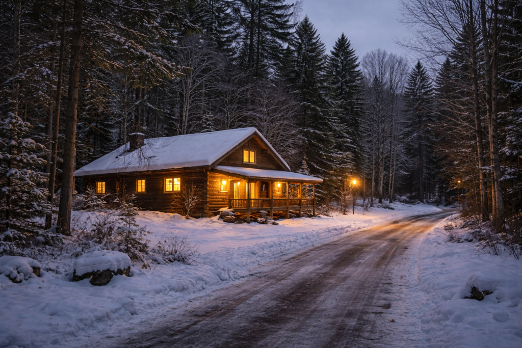 an image of a cabin deep in the woods of the Adirondack mountains.