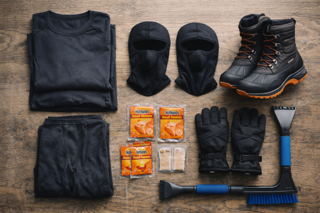 an image of Packing essentials laid out including: Base layers such as thermals,
Insulated boots,
Hand/toe warmers,
Face masks ,
Waterproof gloves,
Ice Scraper, and
Snow Brush.
