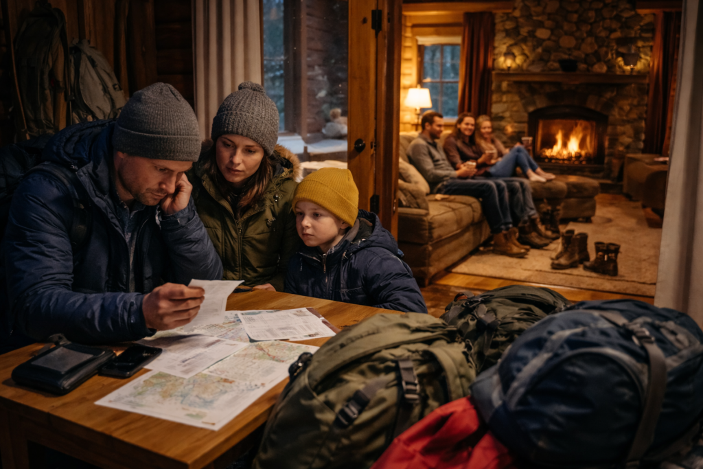 Family planning Adirondacks winter vacation with maps and gear while other guests relax by fireplace in cozy lodge